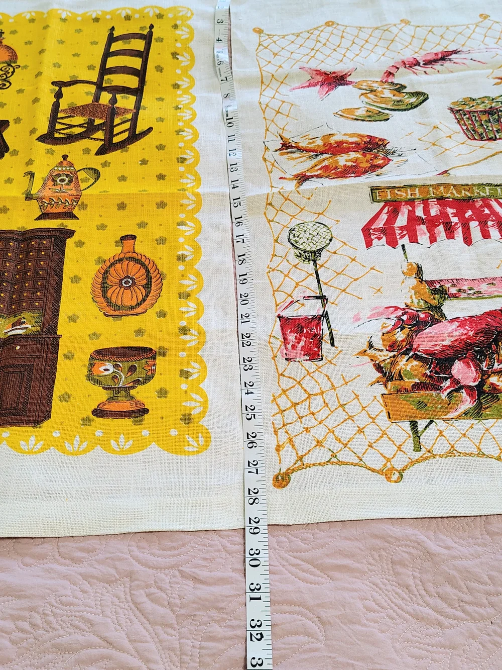 Set Of 2 Fish Market & Farm House 100% Linen Tea Dish Towels Vintage MCM Poland